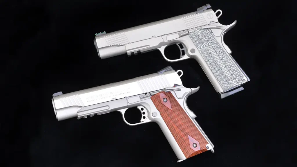 The Swiss Arms 1911 TRS (bottom) is among the most realistic looking and handling of all 1911 CO2 blowback action airguns.