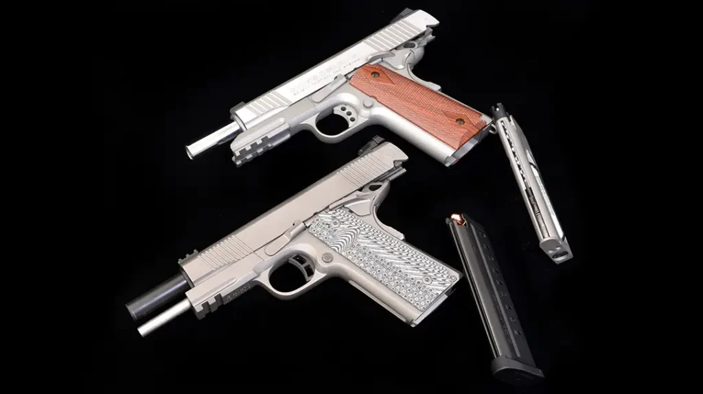 Colt Rail Guns: The Taylor’s 9mm model has a 10+1 capacity, and the CO2 pistol has a magazine capacity of 18 steel BBs.