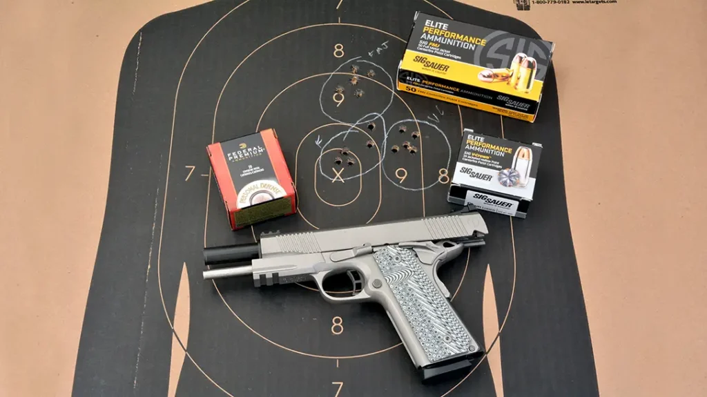 The Taylor’s 1911 delivered good accuracy at 25 yards with a best 5-shot group under 1-inch using Sig Sauer Elite Performance 124 gr. V-Crown JHP.