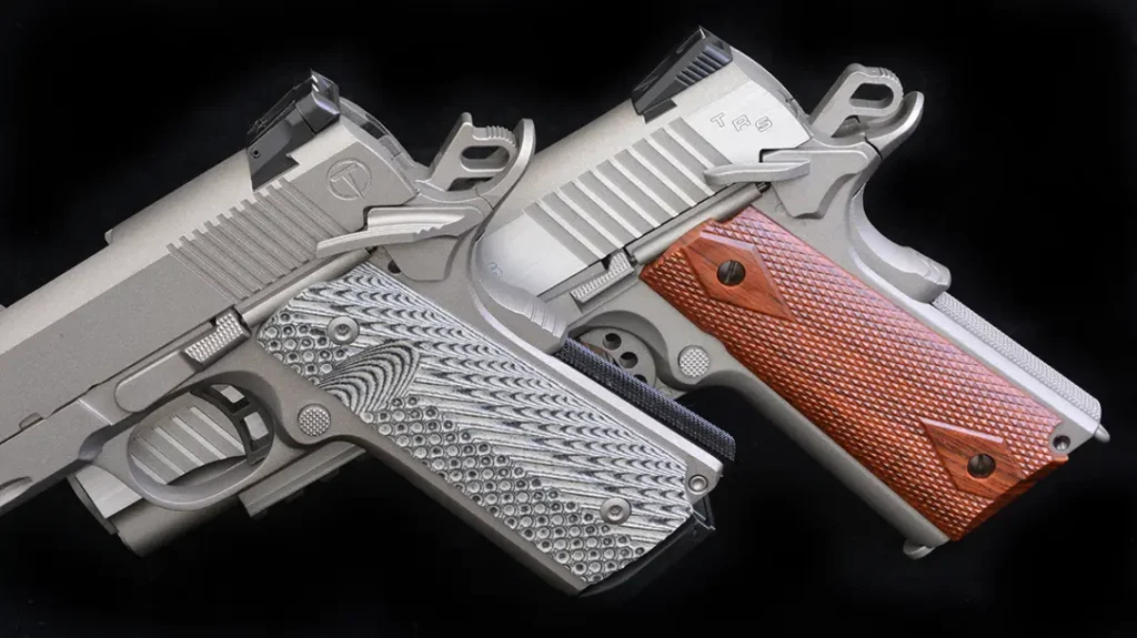 Colt Rail Guns: Manufacturers of 1911s generally put their logo on the slide, Taylor’s & Co. has a T inside a circle, as an example, the Swiss Arms 1911 has TRS stamped into the rear of its brushed alloy slide.