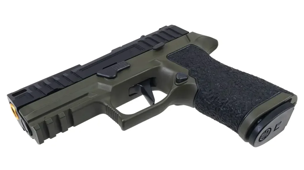 DCA replaced the grip panels with their proprietary “Brain” pattern textured grip on the DCA/Rainier Arms Sig P320 X-Carry.