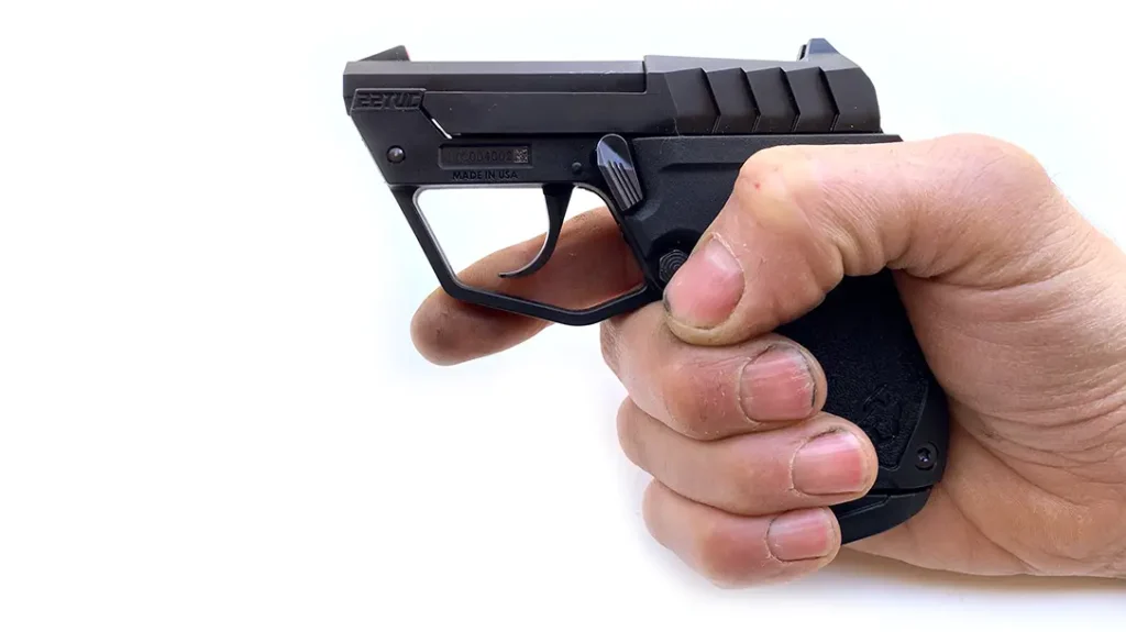 The grip is 1.04 inches thick and 2.25 inches long along the frontstrap thanks to the pinky rest floorplate on the nine-round magazine.