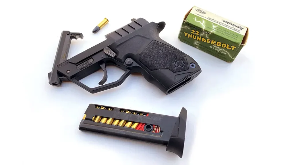 The Taurus 22TUC pocket pistol has a 10-round capacity with a 9-round magazine and one in the tip-up chamber.
