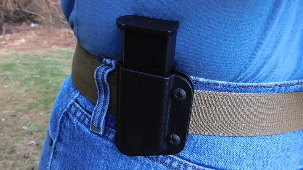 The FERO2 outside-the-waistband pouch has a wide, proprietary polymer clip that’s adjustable to securely fit 1.5-inch and 1.75-inch belts.
