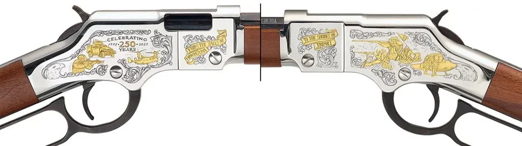 Engraved historical Marine Corps scenes on each side of the receiver. 