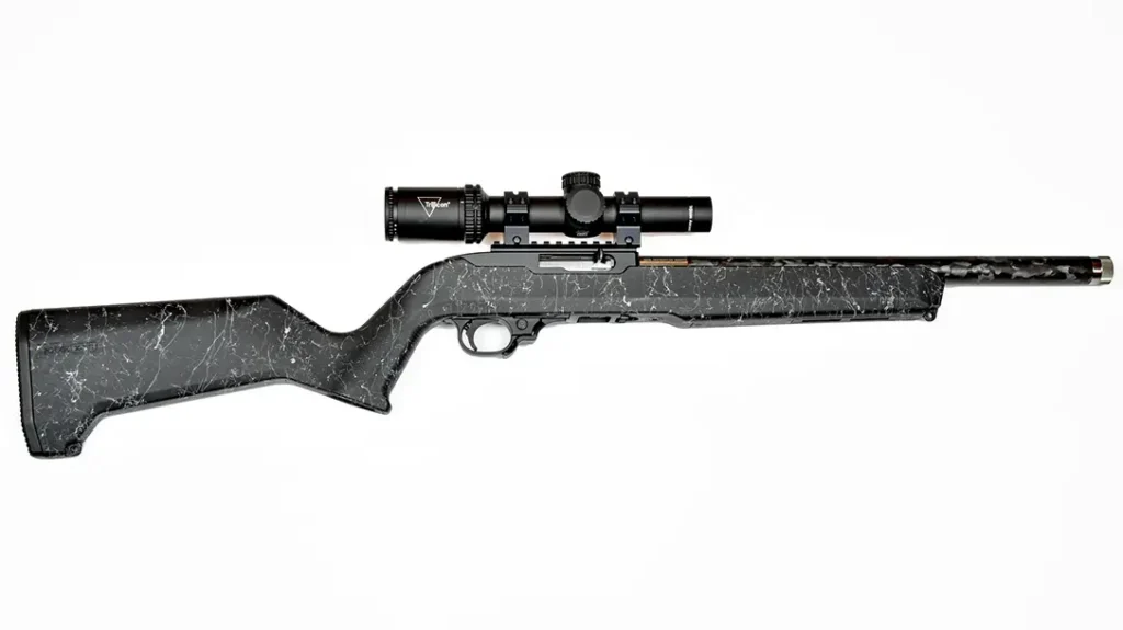 Ruger 10/22 Carbon Fiber topped with a Trijicon scope.