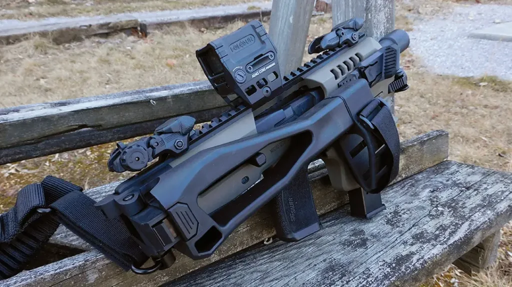 A CAA Micro Conversion Kit-equipped pistol can be unobtrusively stored by your bed, your desk, or in your vehicle with its foldable stock.