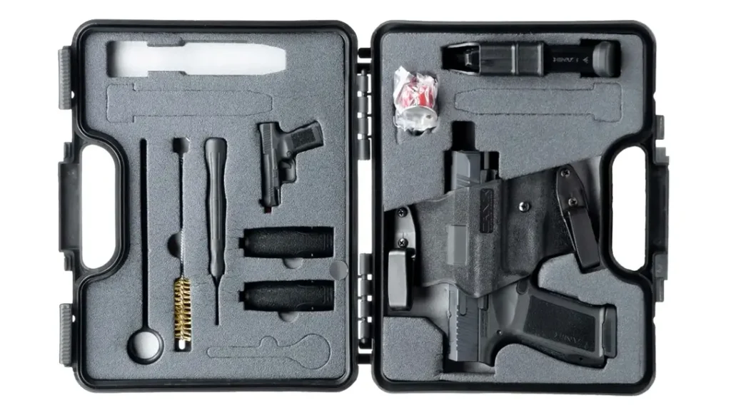 Each pistol comes with a hard case that contains a chamber and patch brush, a punch, and a neat little screw and driver holder that is shaped like a little pistol.