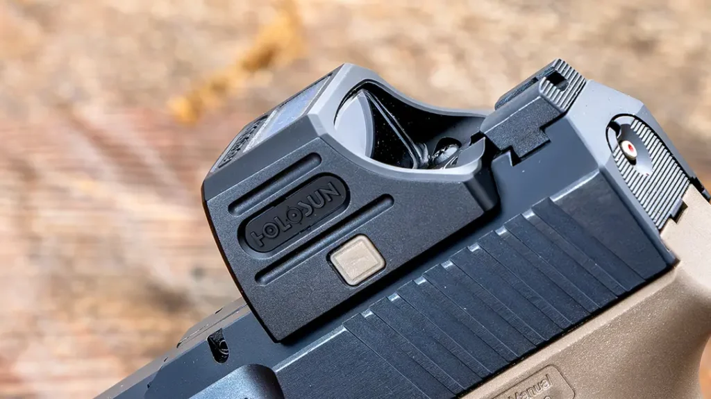 The author chose the new Holosun SCS Carry for this project with a green 2 MOA dot and 32 MOA circle.