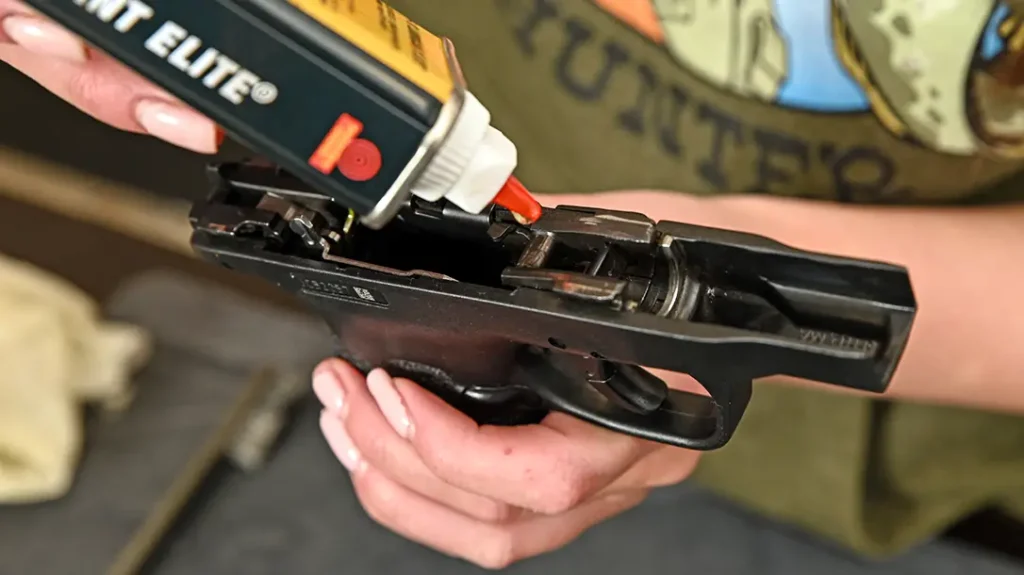 A final step when cleaning your handguns, before reassembly, is to lubricate everything.