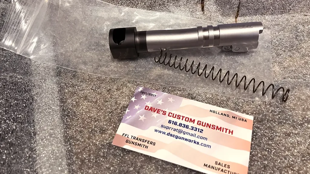 The DSC Gunworks Drop-in Comp Barrel for the Staccato C2 with recoil spring as it arrives.
