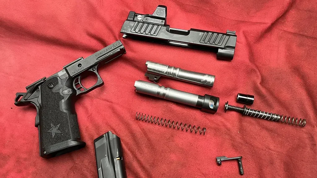 Installing the DSC Gunworks Comp barrel involves field stripping the Staccato C2, installing the barrel and provided recoil spring, and then re-assembling.