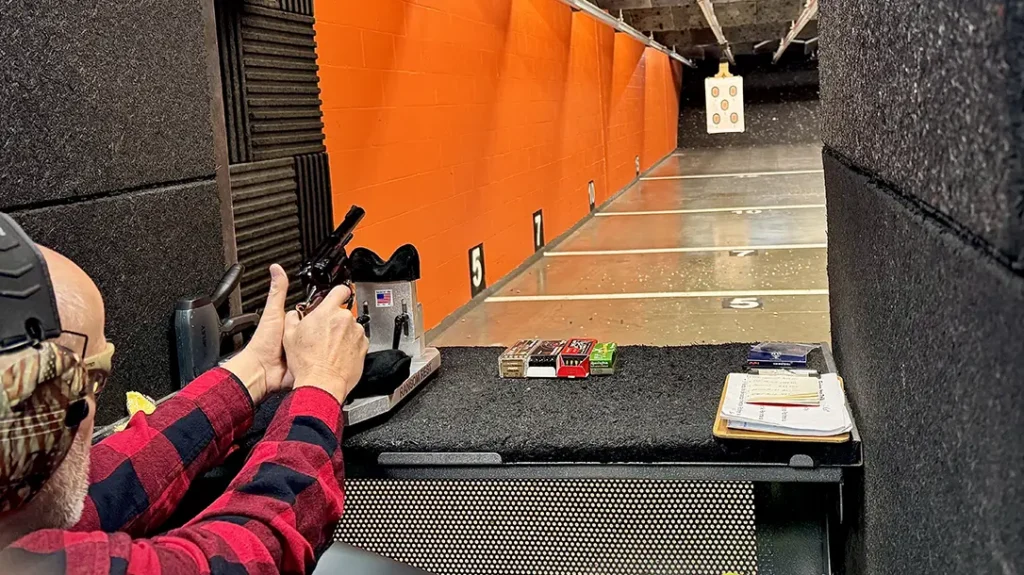 The author uses a Ransom Multi Cal. Steady Rest to test the revolver.