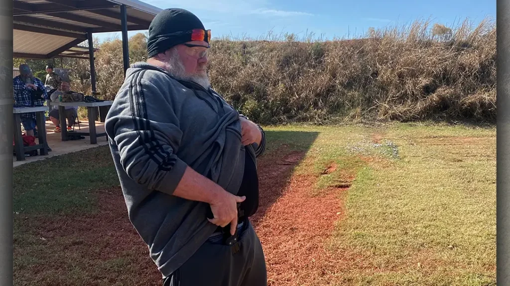 Besides going slowly on a reholster, he recommends bowing your hips forward slightly.