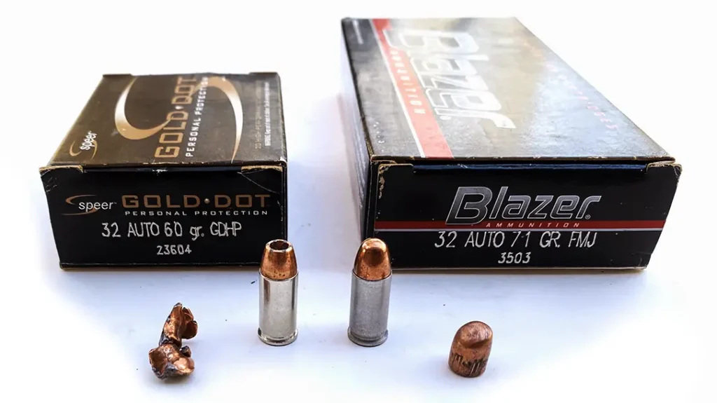 The author tested two 60-grain JHP self-defense loads: Hornady Custom with the XTP bullet and Speer with the Gold Dot bullet.