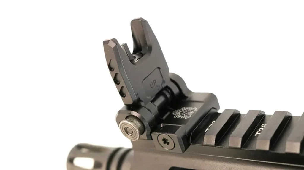 Flip-up backup sights on the SAINT Victor pistol. 