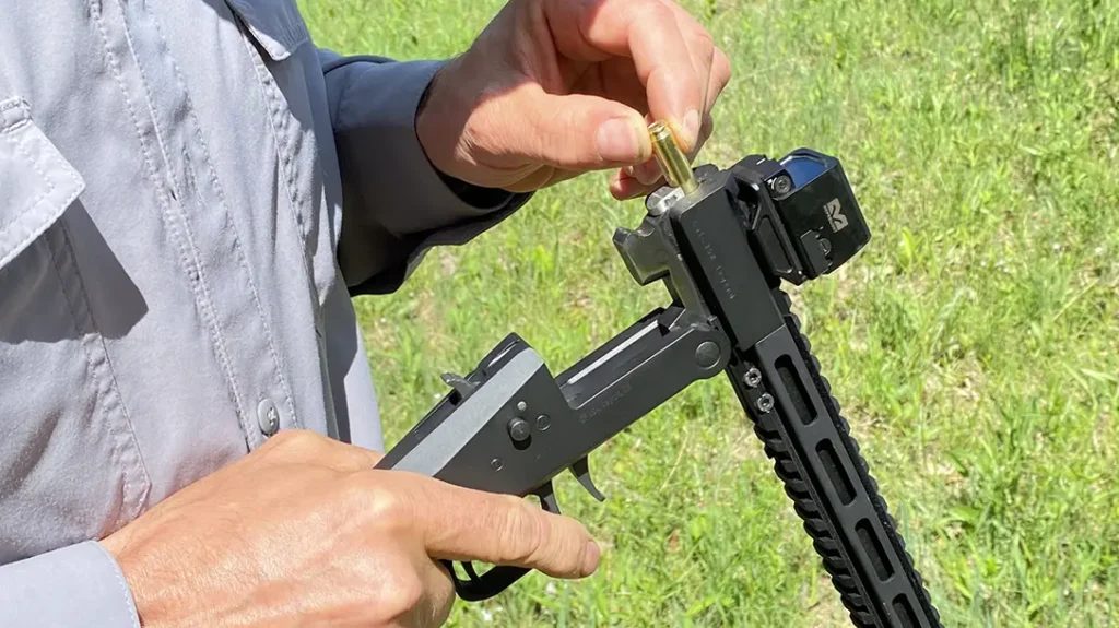 The single-shot design loads into the break-action.