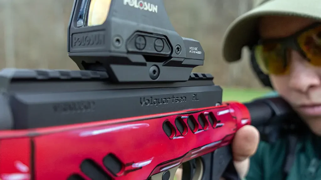 A Holosun optic made for fast target acquisition on this rimfire build. 