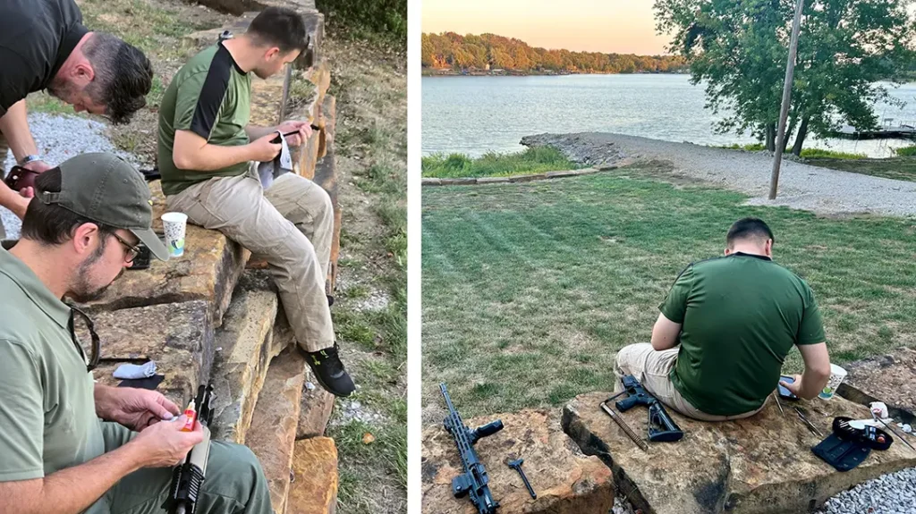 Weapons maintenance following a hard day of training. 