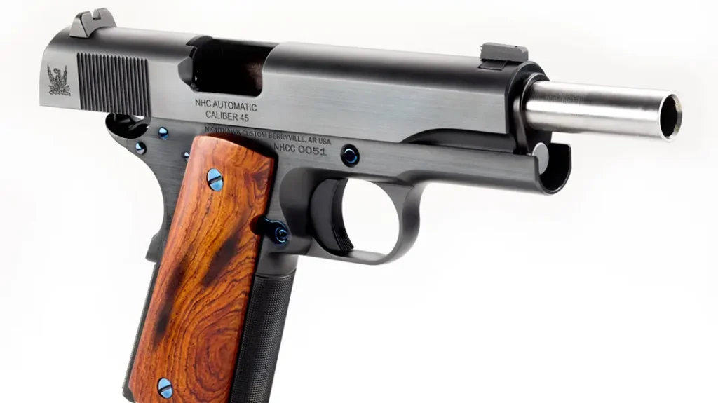 The right side of the slide, below the ejection port, is marked “NHC Automatic Caliber 45” again as a tribute to the original guns.