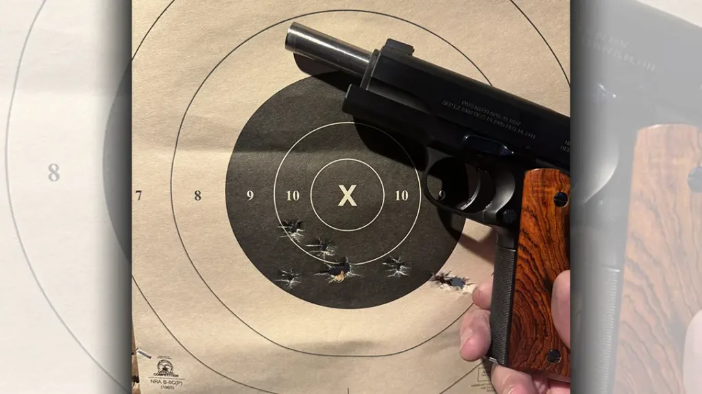 The target shown is a 10-shot group, shot offhand, from 20 yards.