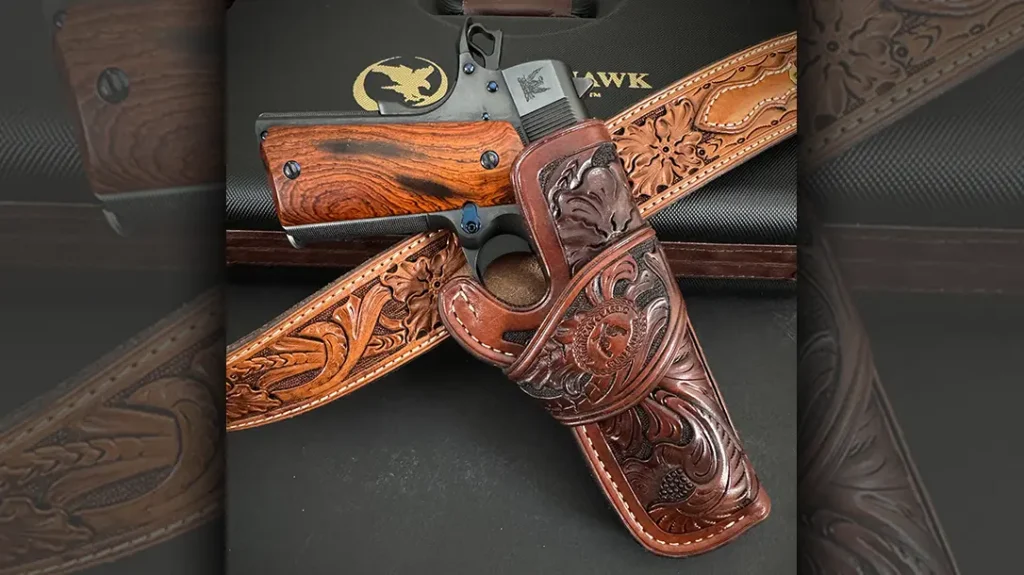 American Classic Gunleather made a custom A.W. Brill-style holster, a double magazine pouch, and a matching Ranger-style gun belt.