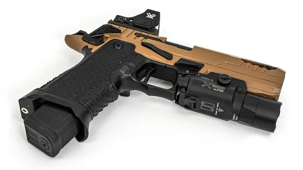 The upgraded grip module on the OA Defense Pro Elite pistol includes a new magwell design.