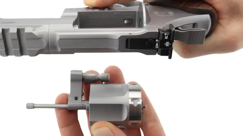 With a simple push of a button, you can swap out cylinders to chamber .357 Magnum, .38 Special, 9mm Luger, or even .380 (I was curious).