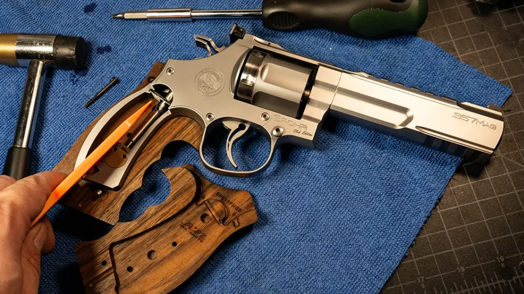 One of the most impressive features of the revolver is its adjustable mainspring and trigger return system.