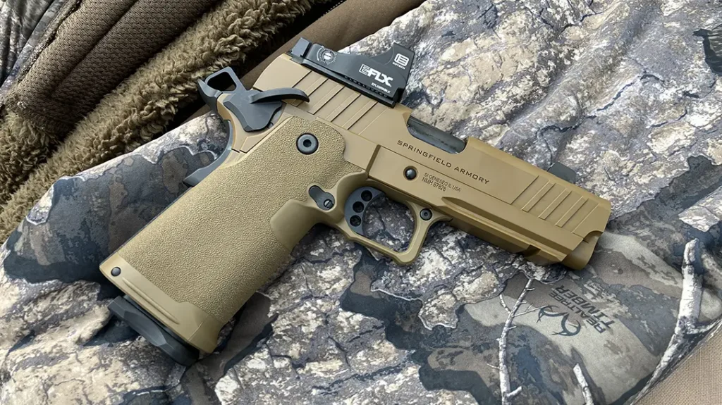 The 1911’s frame is a modular two-piece design consisting of a forged steel sub-frame and polymer grip.