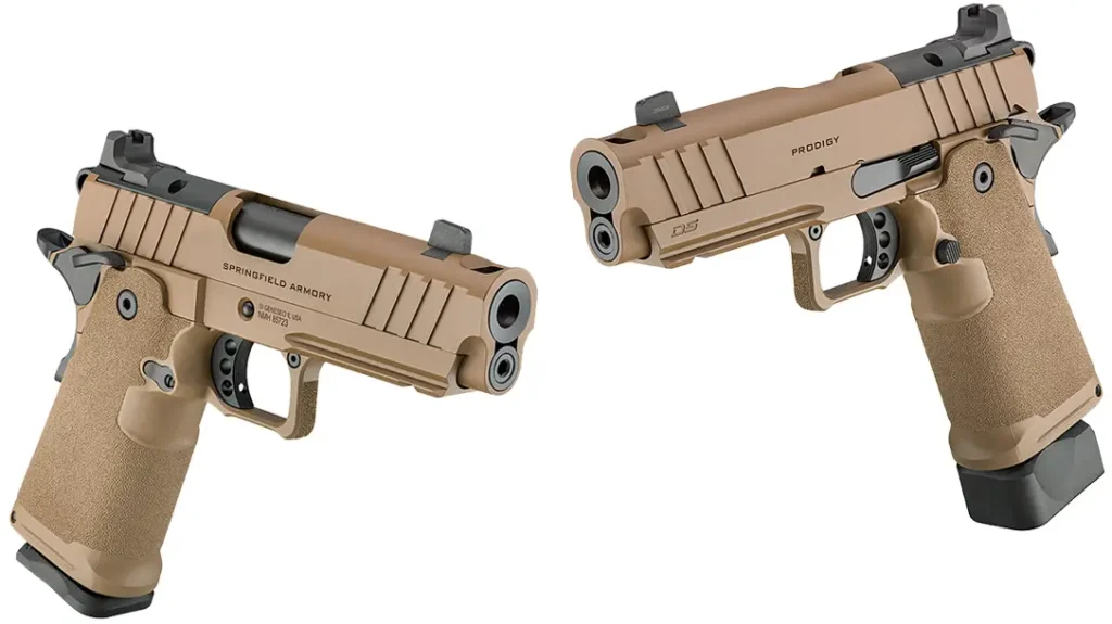 Two aspects of the Springfield DS Prodigy Comp 4.25 AOS Coyote Brown distinguish it from competitors—the integral compensator and the AOS optics adaptable slide cut.