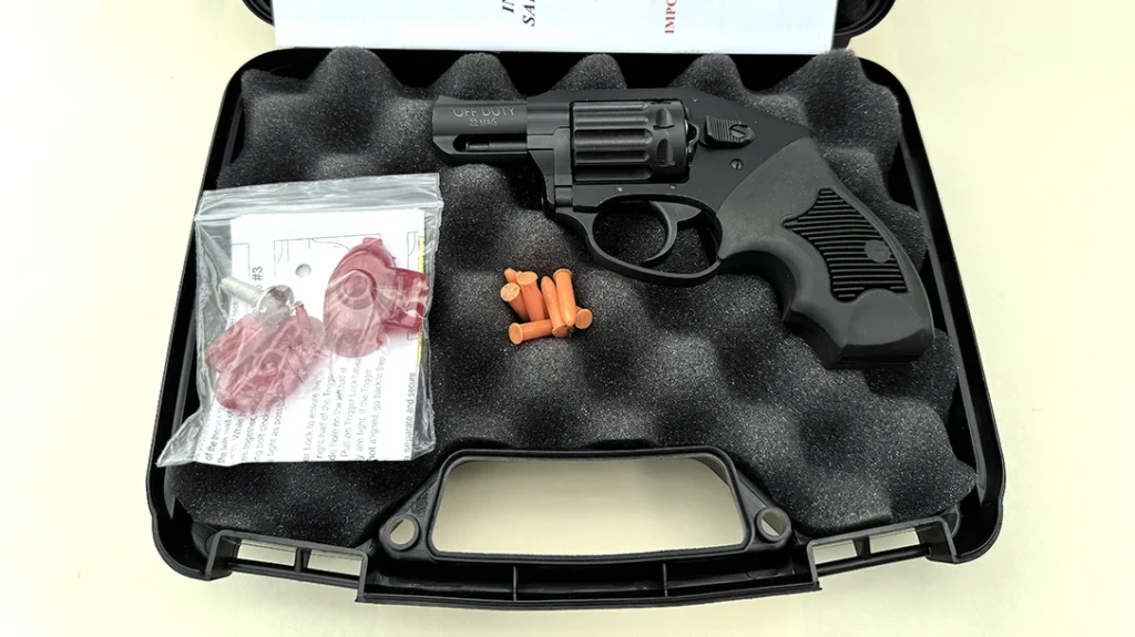 The Charter Arms Pathfinder Off-Duty revolver comes in a black plastic carrying case and comes with an owner’s manual, trigger lock, and dummy rounds.