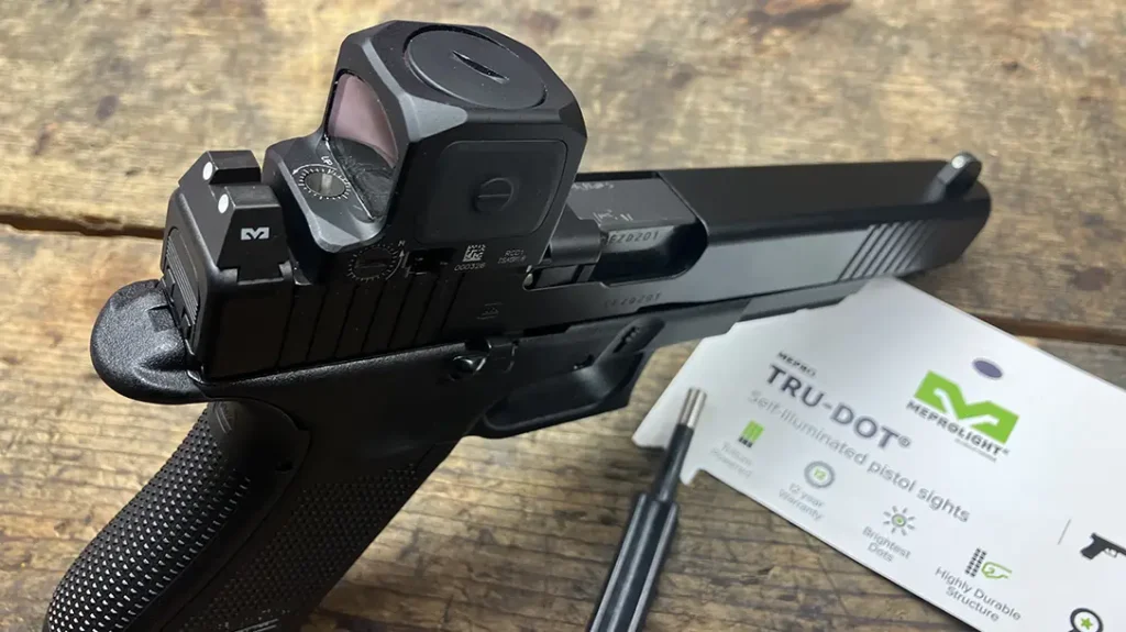 Meprolight Mepro Tru-Glo suppressor height sights were installed, replacing the factory sights.