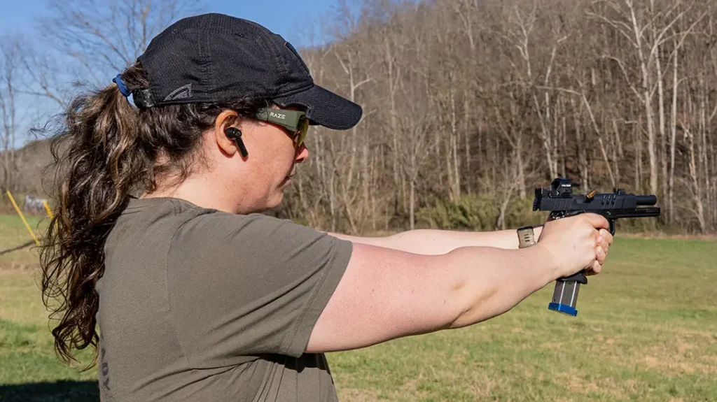 The author shooting the Military Armament Corporation MAC 9 DS-D Comp.