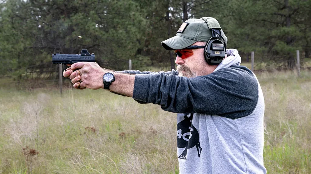 The author shooting the Canik METE MC9 PRIME.