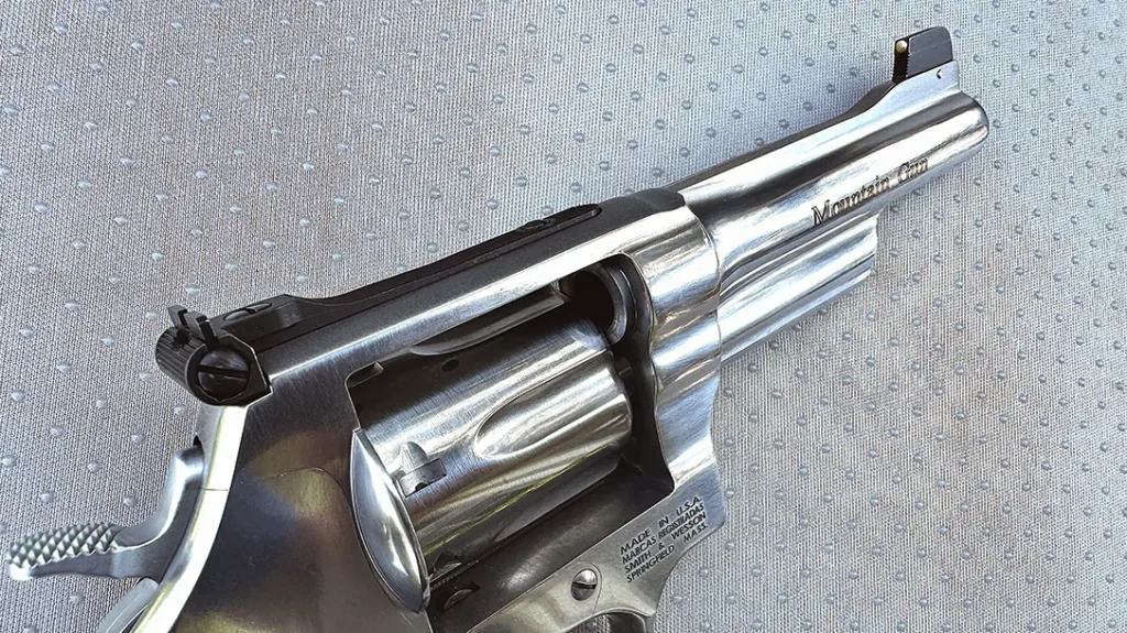 Close-up view, emphasizing front and rear sights.