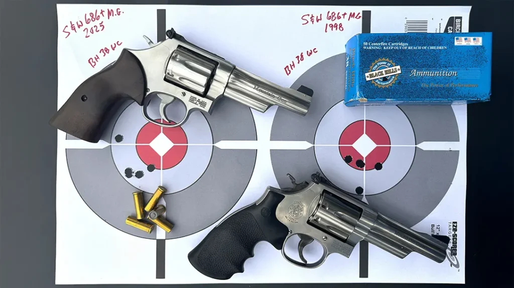 Results of 686-5 vs. 686-7 shoot-off with Black Hills .38 WC at 15 yards.