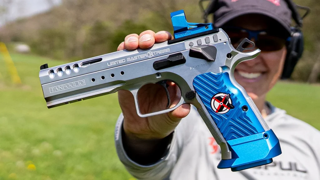 IFG shipped the Tanfoglio Limited Master Xtreme with the RMSx (reflex mini sight) XL lens in electric blue, matching the gun.