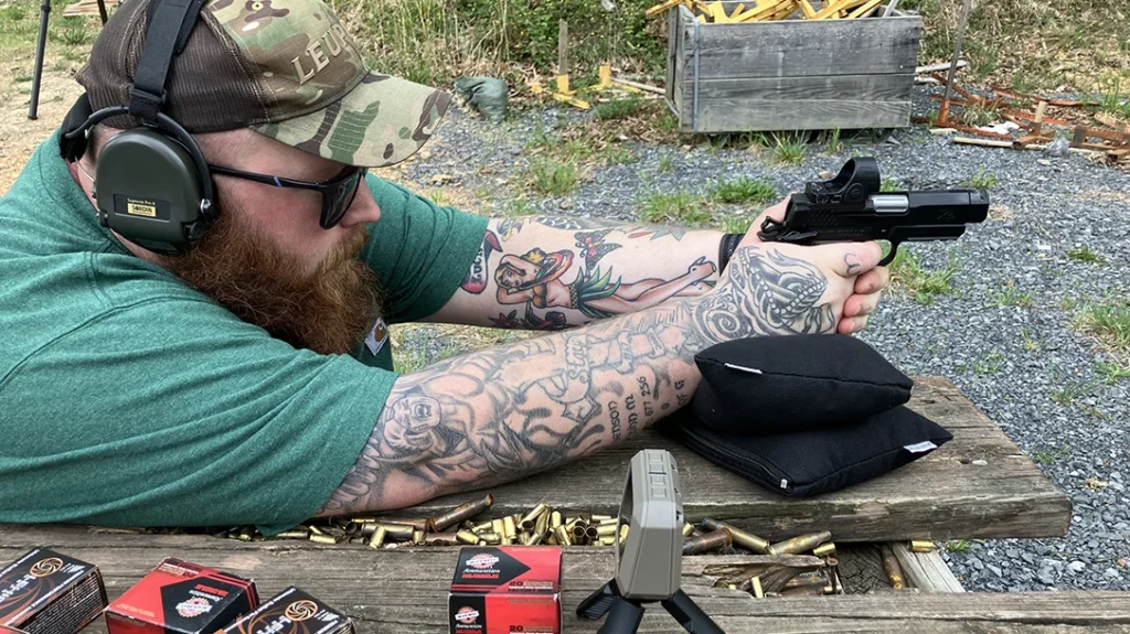Shooting the 1911 from a supported rest.