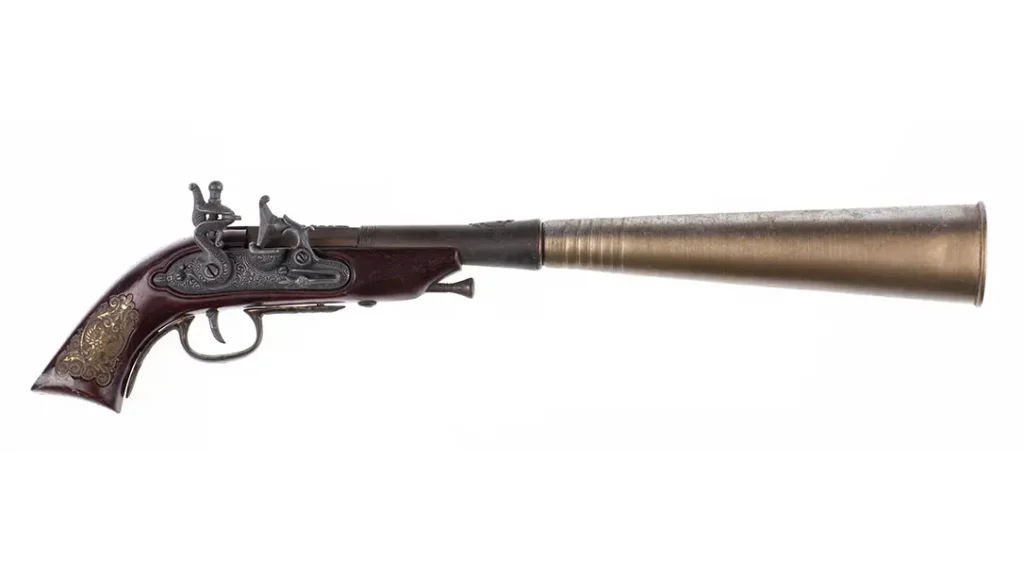The Blunderbuss is mostly remembered as a primary weapon of a pirate, like the one pictured here. 