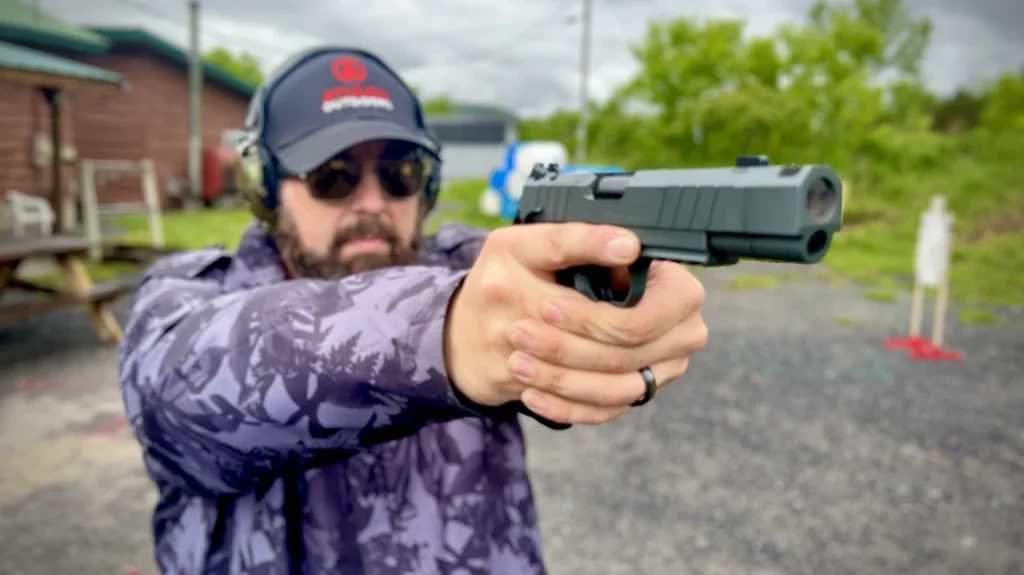 The trigger broke at 3 lbs, 12 oz, clean and consistent, with a nicely serrated U-profile on the face.