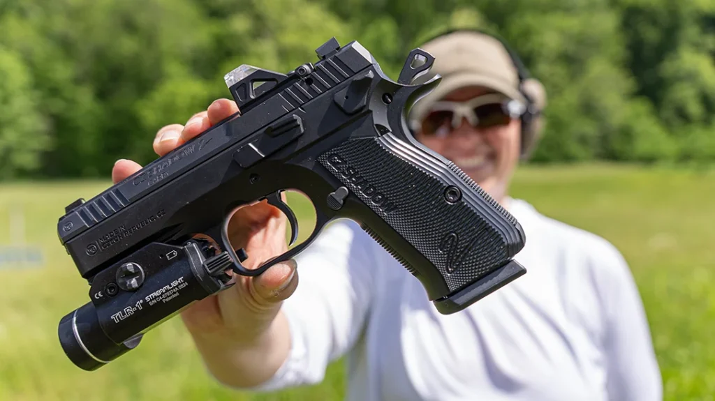 The CZ Shadow 2 Carry fires in both single-action and double-action and is designed with a heavy (almost 12-pound) double-action trigger pull.