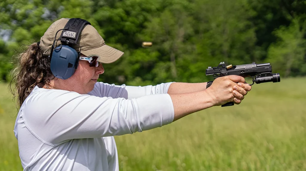 A heavier gun will have less felt recoil and less muzzle rise. This makes it easier to control and fire accurate follow-up shots.