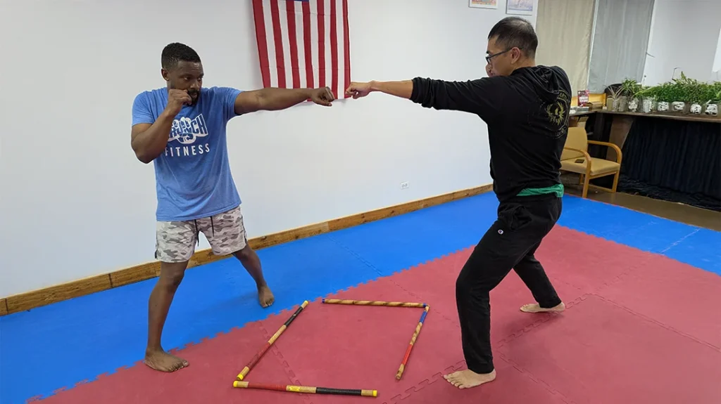 Both Adam and Ben throw left punches. Both punches are aimed at each other, towards the center of the diamond, where the bad guy would be.