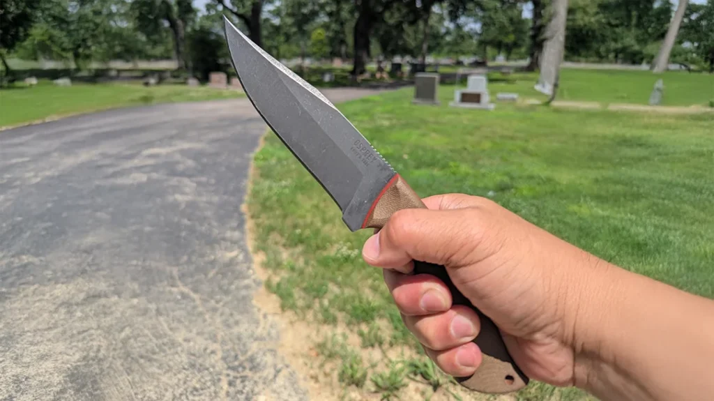 The shaped micarta scale felt comfortable and easy to control in a forward grip.