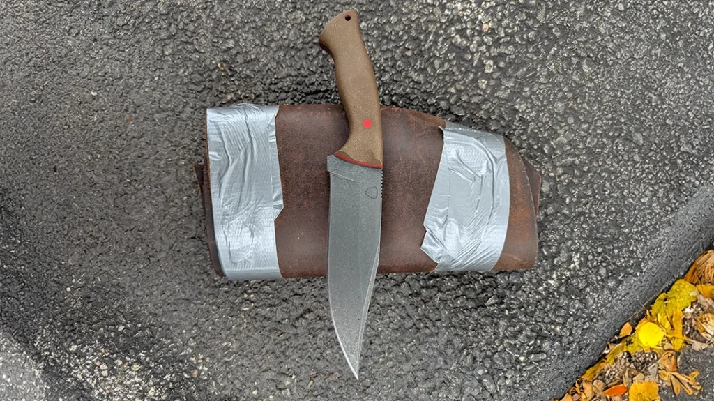 I rolled up some thick horse hide to test the business side of the Ferox.