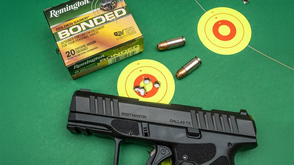 The sights were regulated for the bullseye with the Golden Saber load, dead nuts on the mark from 7 to 15 yards.