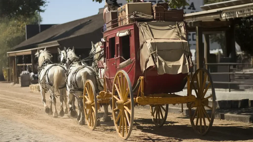 Stagecoaches were not the most comfortable ride, as illustrated here with multiple passengers crammed into a small location. 
