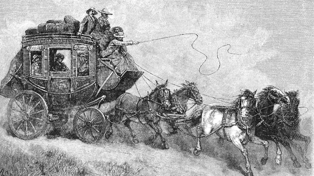 A stagecoach driver had his whip in one hand and the reins in the other as he commanded the horses to the next “stage” of the journey. 