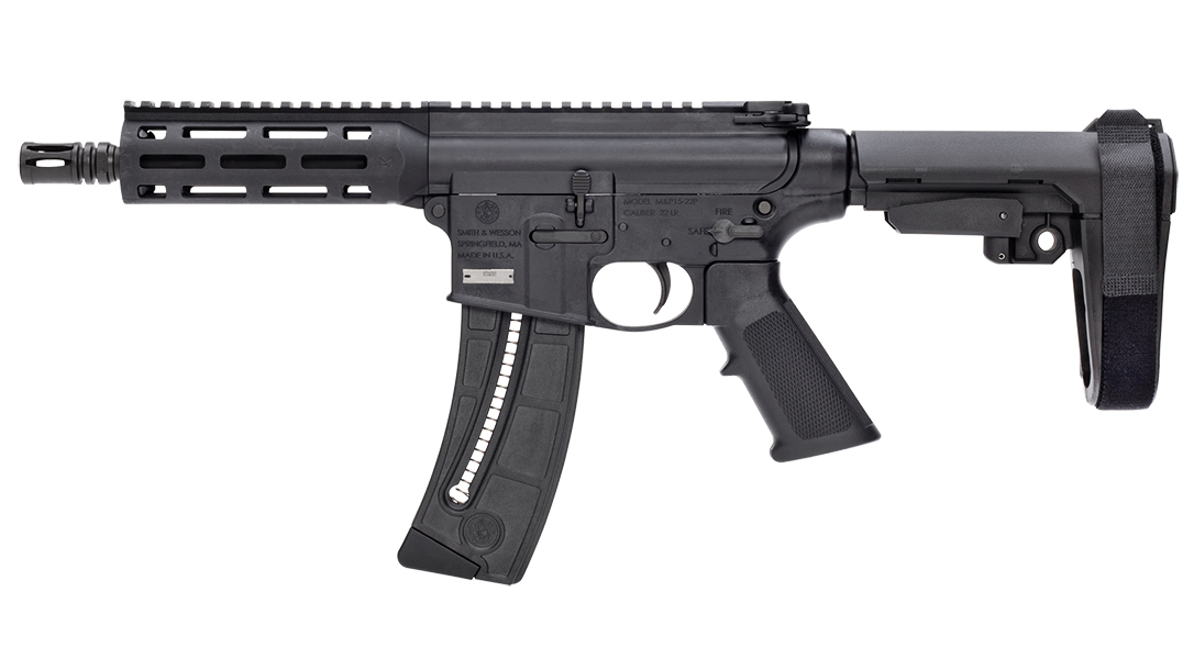 The M&P15-22 features an SB Tactical SBA3 adjustable pistol brace.